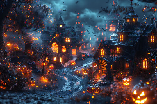 A Halloween-themed mockup featuring spooky elements such as jack-o'-lanterns, ghosts, bats, and a haunted house. Perfect for promotional materials, party invitations, or social media posts.
