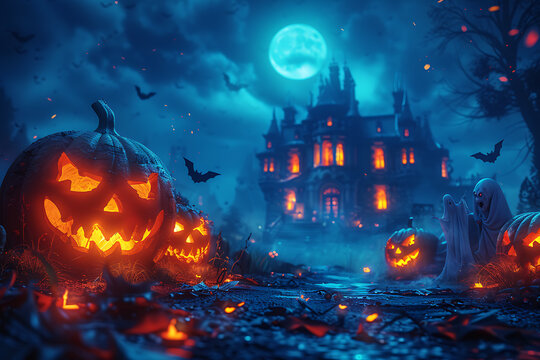 A Halloween-themed mockup featuring spooky elements such as jack-o'-lanterns, ghosts, bats, and a haunted house. Perfect for promotional materials, party invitations, or social media posts.
