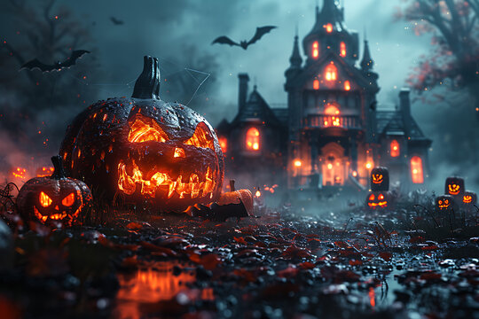 A Halloween-themed mockup featuring spooky elements such as jack-o'-lanterns, ghosts, bats, and a haunted house. Perfect for promotional materials, party invitations, or social media posts.
