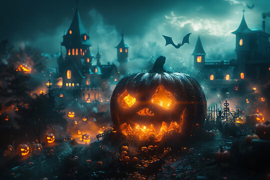 A Halloween-themed mockup featuring spooky elements such as jack-o'-lanterns, ghosts, bats, and a haunted house. Perfect for promotional materials, party invitations, or social media posts.
