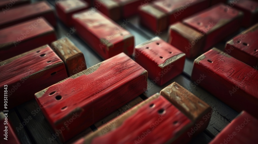 Poster close-up of a collection of red wooden blocks arranged in a repeating pattern.