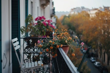 Autumn balcony view with orange flowers and iron chair against Parisian street backdrop. AI-generated