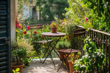 Wooden chairs on a secluded balcony amidst green plants in an urban setting, daylight. AI-generated