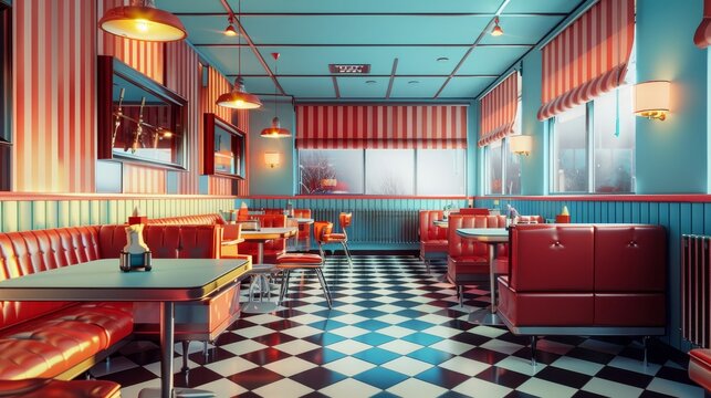 Empty retro diner interior with red booths, checkered floor, and vintage lighting.