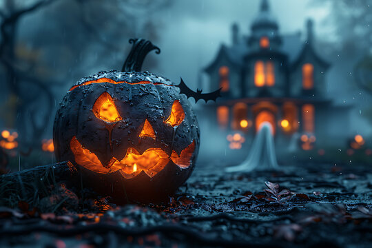 A Halloween-themed mockup featuring spooky elements such as jack-o'-lanterns, ghosts, bats, and a haunted house. Perfect for promotional materials, party invitations, or social media posts.
