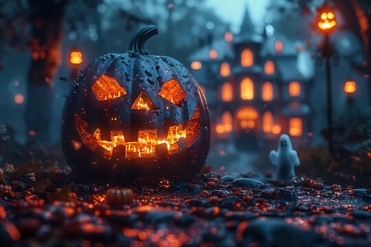 A Halloween-themed mockup featuring spooky elements such as jack-o'-lanterns, ghosts, bats, and a haunted house. Perfect for promotional materials, party invitations, or social media posts.
