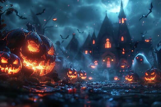 A Halloween-themed mockup featuring spooky elements such as jack-o'-lanterns, ghosts, bats, and a haunted house. Perfect for promotional materials, party invitations, or social media posts.
