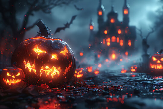 A Halloween-themed mockup featuring spooky elements such as jack-o'-lanterns, ghosts, bats, and a haunted house. Perfect for promotional materials, party invitations, or social media posts.
