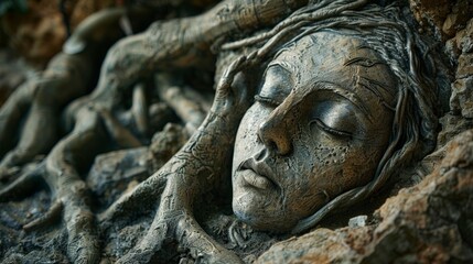 Stone Woman Sculpture with Tree Roots.