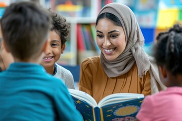 Obraz premium Smiling teacher reads to diverse students in class. AI-generated