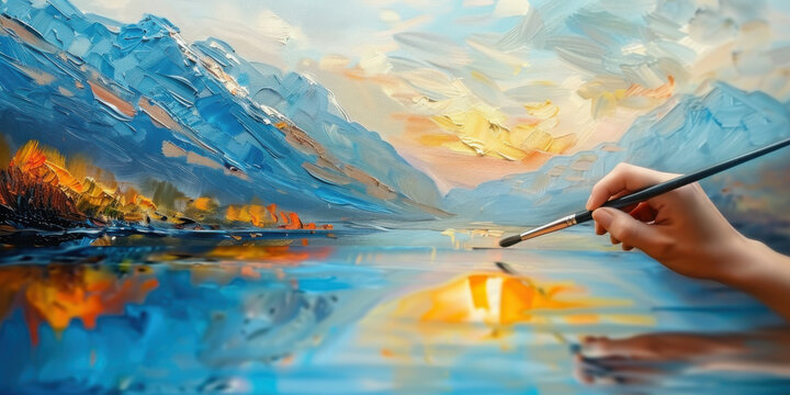 Hand painting a vibrant landscape with mountains and a lake, showcasing artistic creativity and nature's beauty.