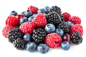 wild berries mix, raspberry, blueberries, blackberries isolated on white background, full depth of field , ai