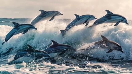 Naklejka premium A Pod of Dolphins Leaping Through Waves