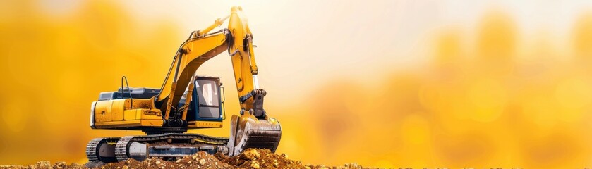 A powerful yellow excavator working on a construction site, showcasing heavy machinery in action amid a vibrant autumn backdrop.