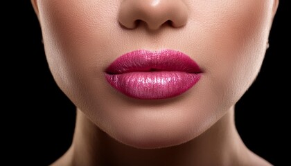 Naklejka premium Luxurious Lips: Macro View of Pink Gloss on Black
