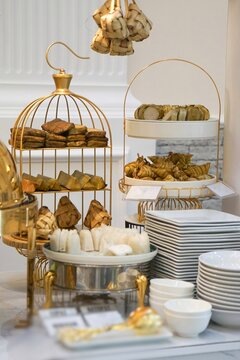 Display of Malay traditional festive food namely nasi impit, ketupat, lepat lui, burasak, ketupat palas and lemang.