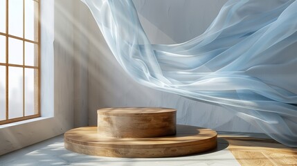 Minimalist Wooden Podium in Sunlit Room with White Curtains Ideal for Luxury Product Display and Branding