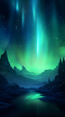 Obraz premium Digital blue and green aurora mountains abstract graphic poster background