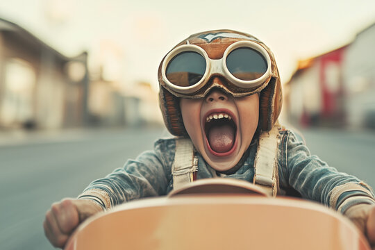 a child drives down the street in a soapbox at full throttle, laughing . motion/funny energetic scene

vintage tones