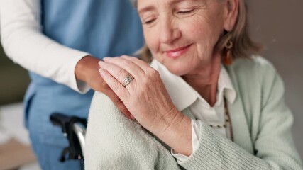 Senior woman, caregiver and holding hands for support at retirement home, healthcare and wellness of medical help. Nurse, patient and empathy with trust, comfort and care for recovery service advice