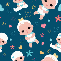 Baby pattern. Seamless pattern with baby, hearts, stars and flowers. Children's pattern for printing