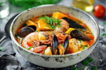 French seafood bouillabaisse soup with mussels, prawns, octopus and fish.