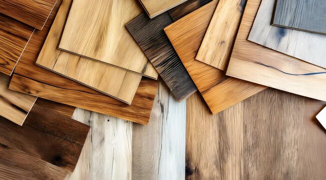 Various samples of wooden flooring materials spread out showing different textures and colors.