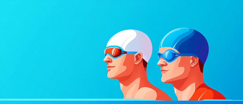 Two male swimmers are ready for a competition, showcasing determination and focus against a vibrant blue background.