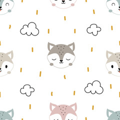 Baby seamless pattern with cute fox. Cartoon animal background. Used for fabric, textile, wallpaper, wrapping, kids apparel design. Vector illustration