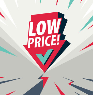 Low price concept poster, arrow down with coin stack vector icon style illustration, e-commerce sale, cheap prices shopping, buy by discount.