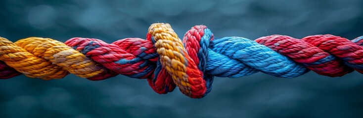 Fototapeta premium Intrinsic Bond of Teamwork: A Conceptual Visualization of Interwoven Ropes Symbolizing Unity, Collaboration, and the Strength of Successful Partnerships.