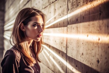 Fototapeta premium A beautiful minimalistic portrait of a stylish woman against a concrete wall with contrasting lighting. Banner, advertisement.