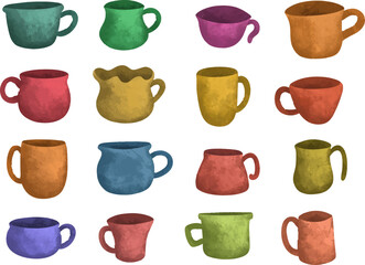 Set vector illustration of simple and colorful porcelain mugs and tea cup collection isolated in white
