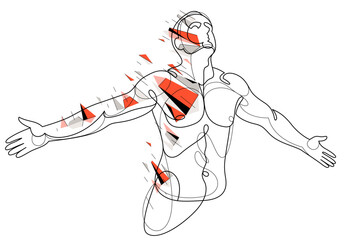 Man with spread hands showing pose of freedom like feeling that he can fly, vector low poly illustration, emotional concept of feel free and happy.