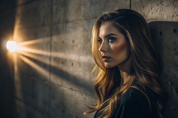 Fototapeta premium A beautiful minimalistic portrait of a stylish woman against a concrete wall with contrasting lighting. Banner, advertisement.