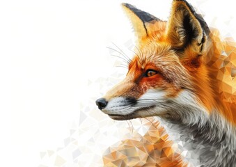 Obraz premium Cose-up, polygonal portrait of a red fox looking to the right against a white background