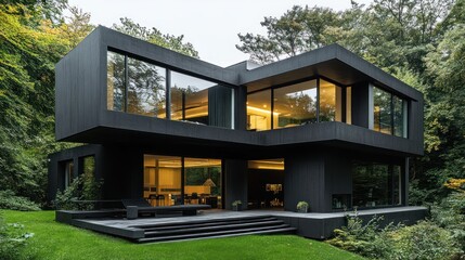 Modern house with panoramic windows and black concrete