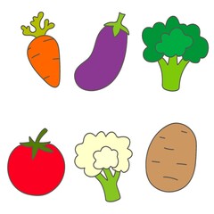 Flat no shadow vegetables primitivism, tomato, carrot, potato, broccoli, eggplant isolated on white background for children