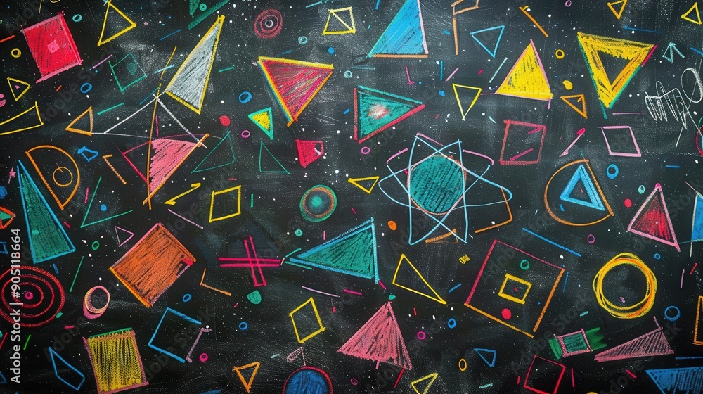 Poster bright chalk drawings of various geometric shapes and patterns cover the blackboard, transforming it
