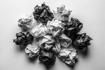 Crumpled black and white paper scraps scattered across a clean white background, creating a visually striking contrast of textures and tones in a monochromatic still life.