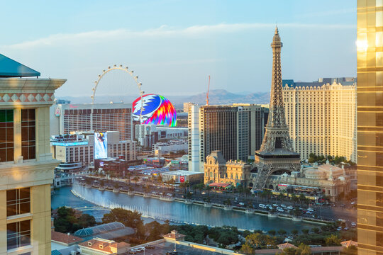 Beautiful view from above of the commercial buildings and the MSG Sphere in Las Vegas downtown