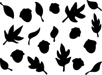 Set collection vector illustration of autumn maple leaves and acorn silhouette, black color isolated in white © naekora