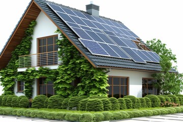 Modern eco-house with solar panels surrounded by lush greenery offers a sustainable lifestyle in harmony with nature.