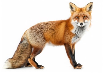 Obraz premium Red fox stands on a white background, facing the camera with its tail curled to the side