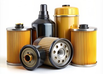 Isolated oil filter canisters on a white background, highlighting automotive maintenance, lubrication, and engine care concept with plastic parts and liquid fuel.