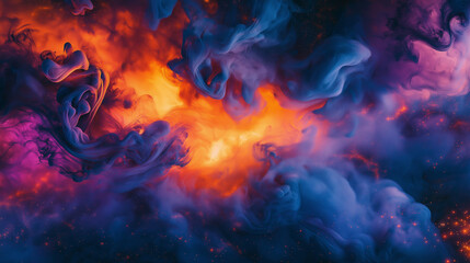 Fototapeta premium interplay of vibrant colors, resembling swirling smoke or ink drops in a dark void. The dominant hues are deep purples, fiery oranges, and rich blues, creating a visually captivating contrast