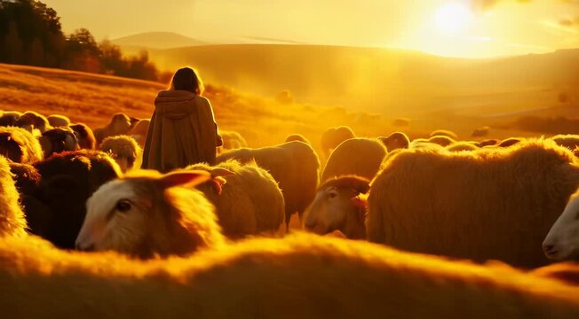 A shepherd walks with a flock of sheep at sunset in a golden lit pastoral landscape.