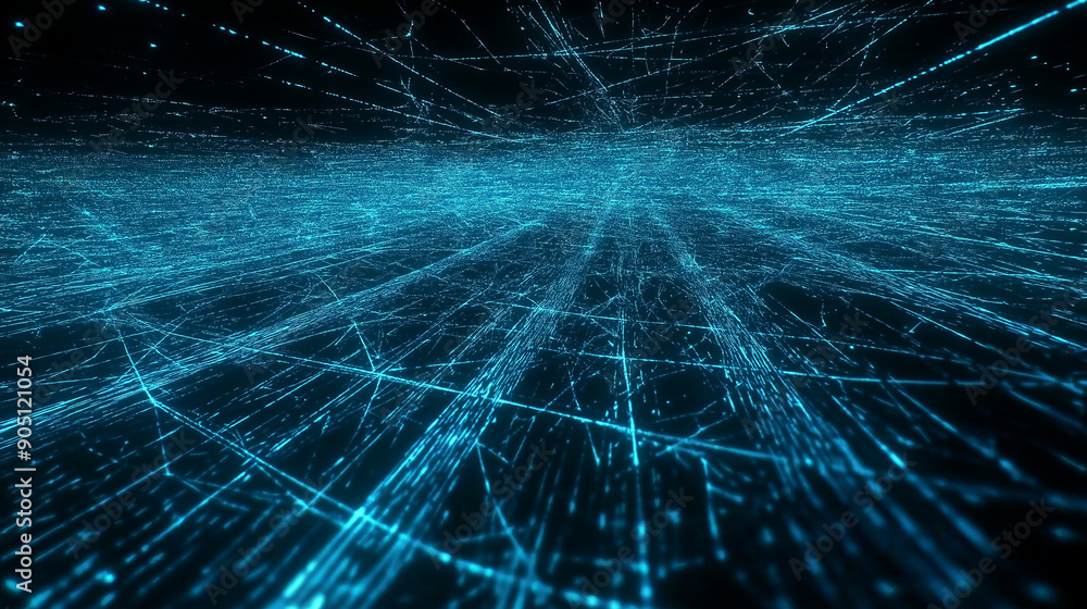 Poster a mesmerizing digital landscape dominated by a myriad of blue lines and points. these lines converge