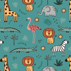Seamless cute jungle animal pattern with lions, elephants, giraffes, and floral elements on a light background