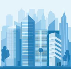 Fototapeta premium light blue city space, tall building, urban landscape. trees, beautiful artitecture. 